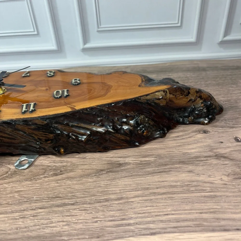 Live Edge Wood Epoxy Wall Clock Brown Glossy Resin Rustic Slab